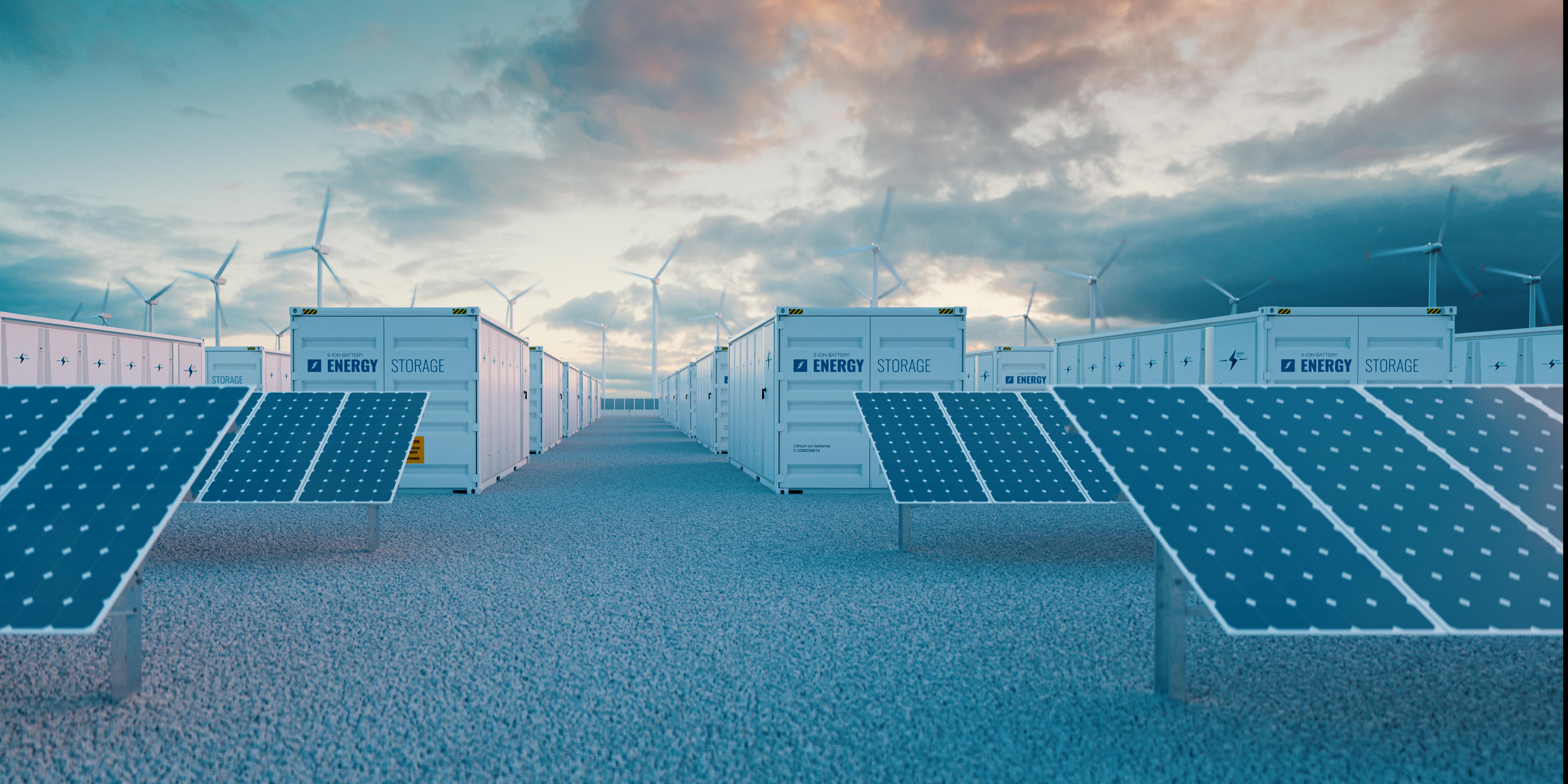 Solar panels with solar storage units behind them, set against a sunrise sky