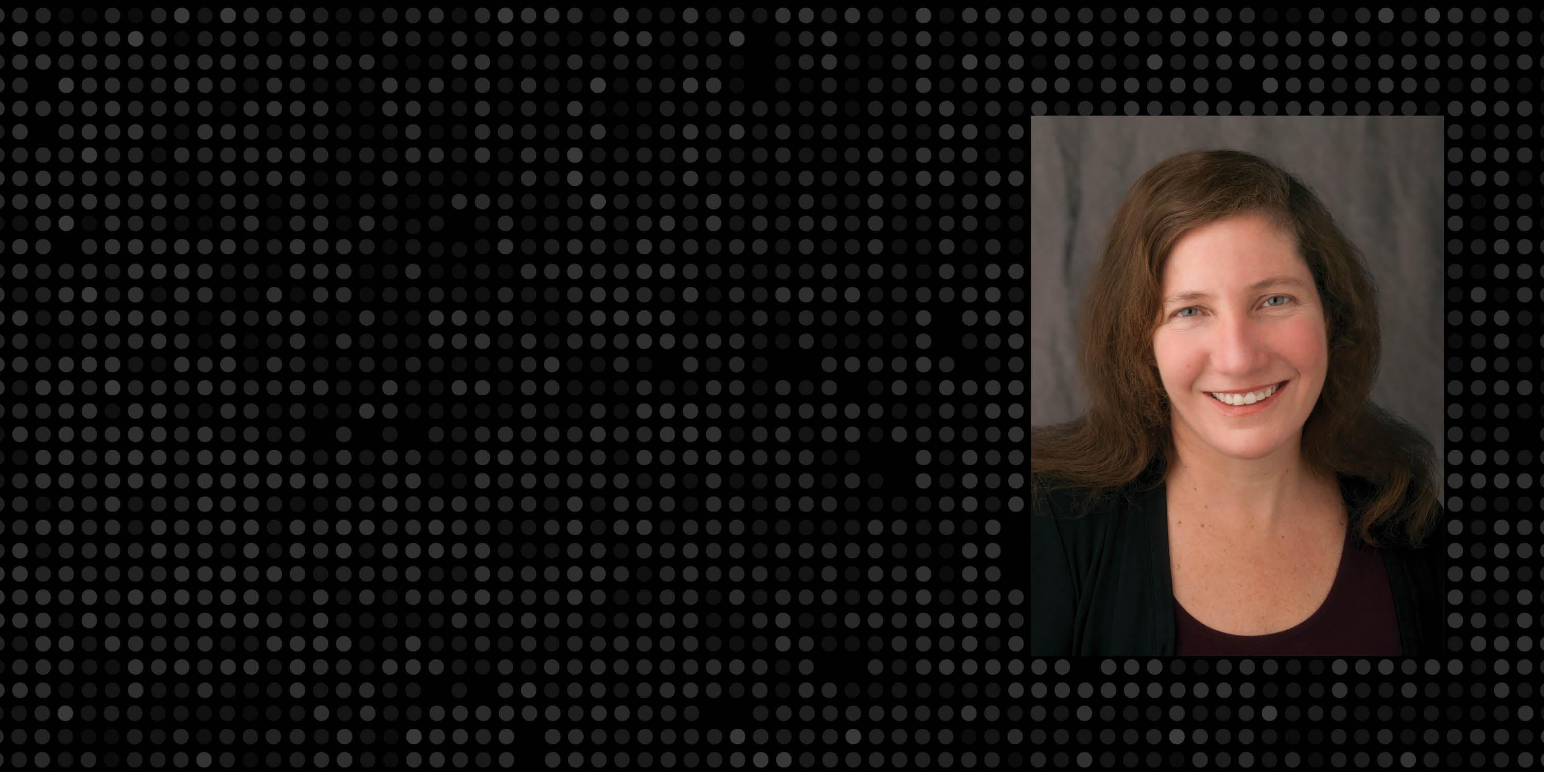 banner with background of pixels with varying opacities and a headshot of Caroline Tolbert