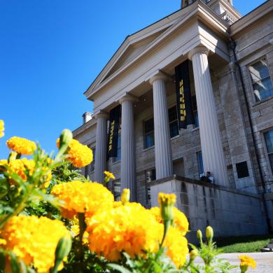 A photo of the Old Capitola building on a sunny day with yellow flowers in the foreground