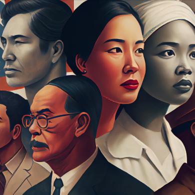 Background cartoon of multiple Asian Americans.