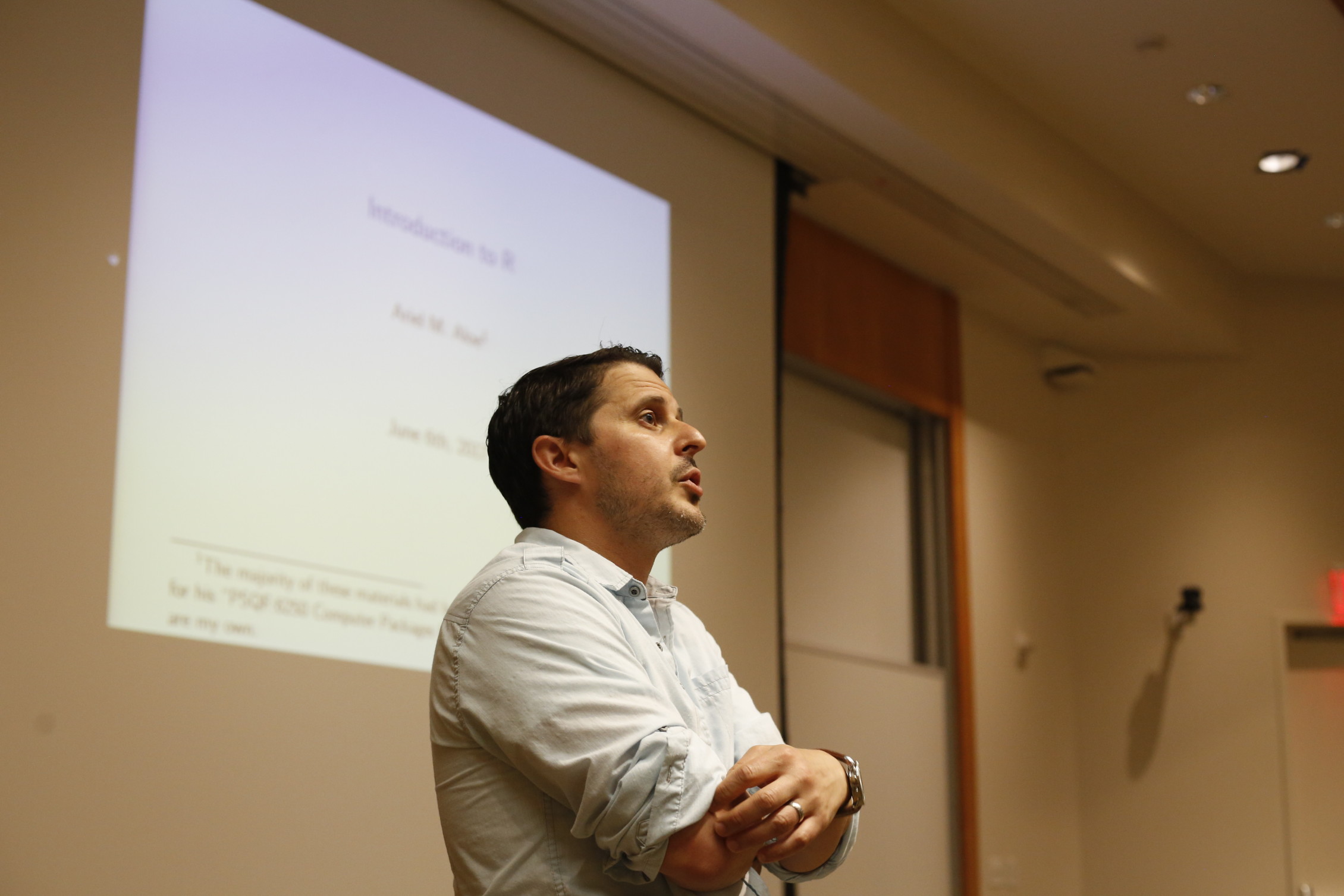 An instructor lectures during an ISRC data science institute session