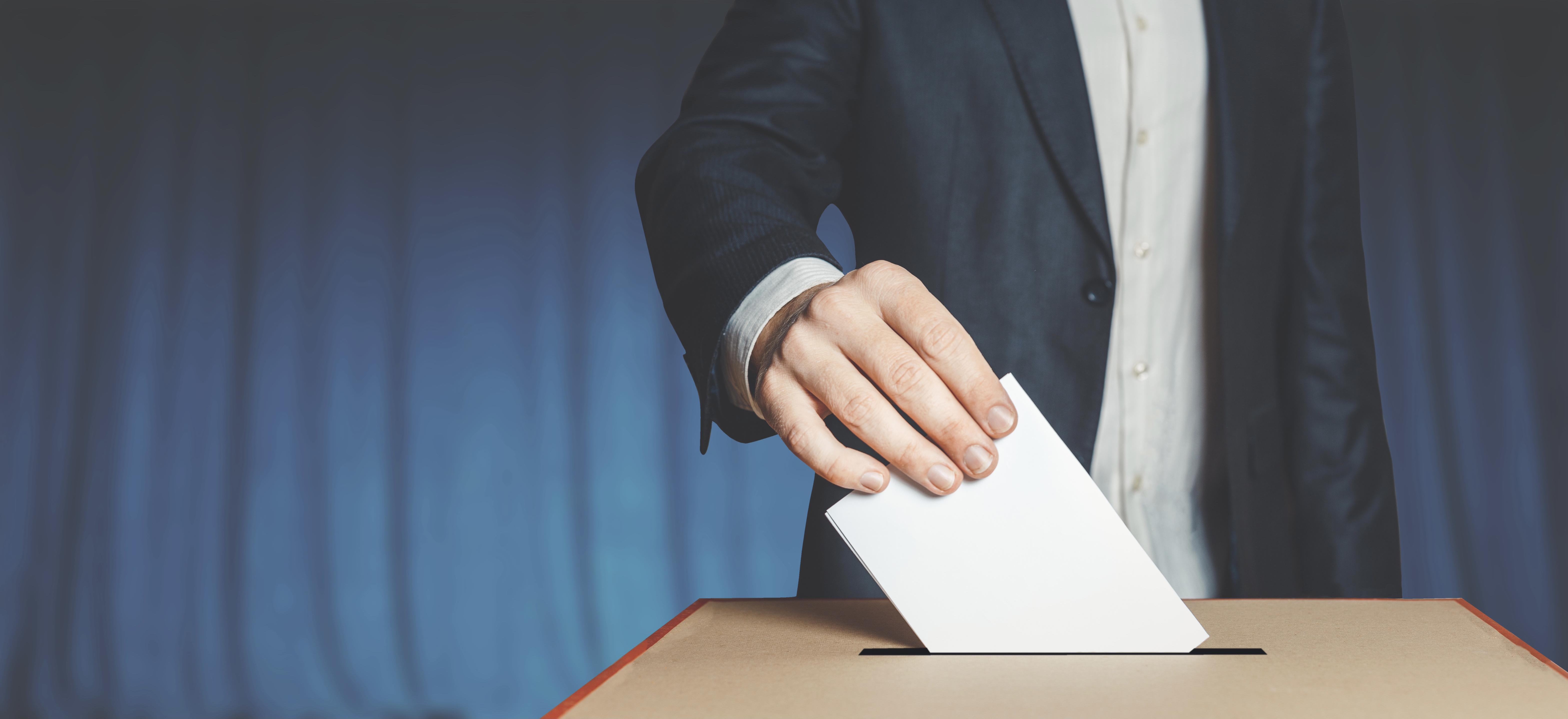image shows a person's hand inserting a voting ballot into a box