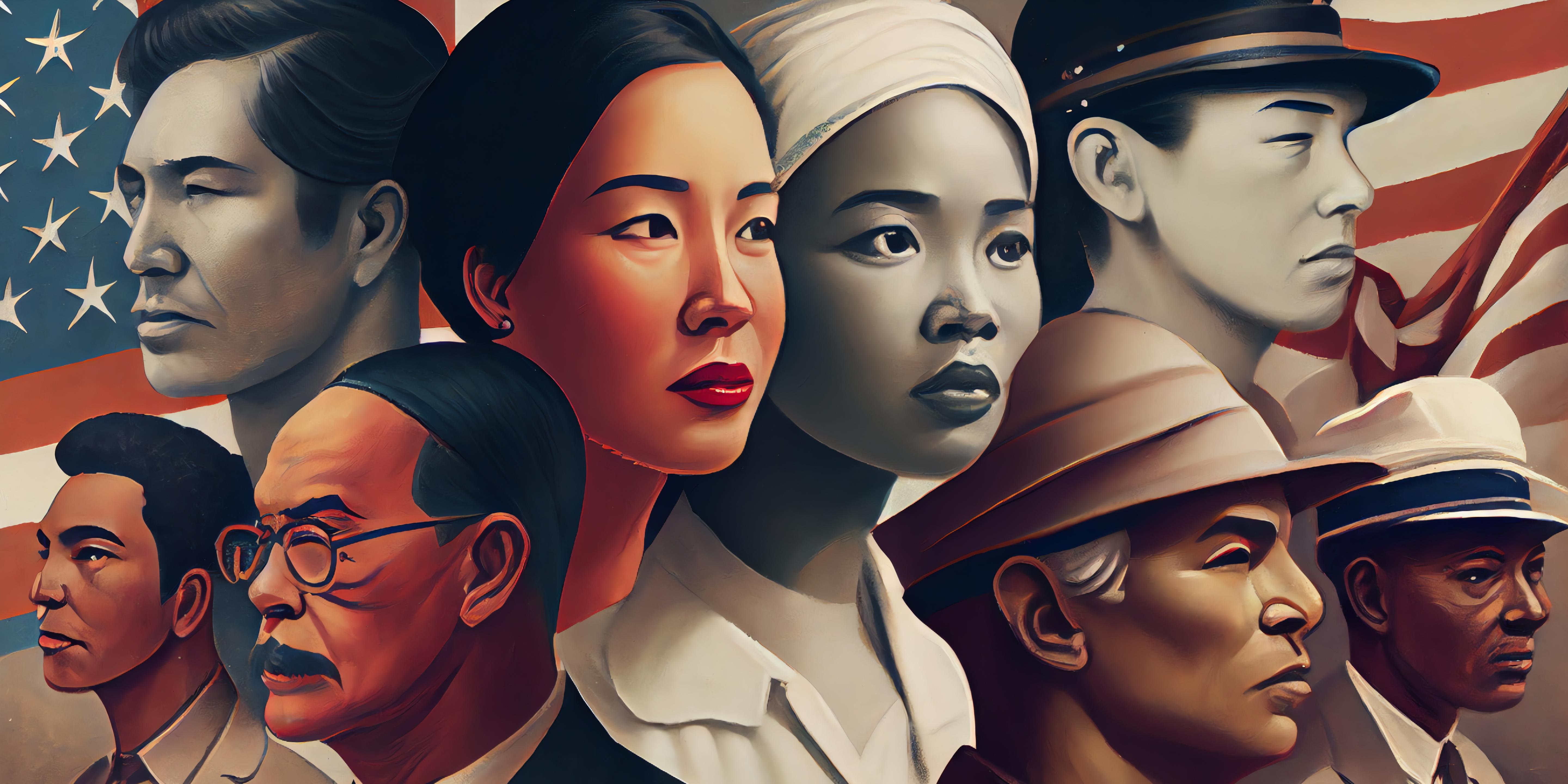 Background cartoon of multiple Asian Americans.