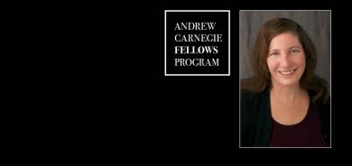 Tolbert photo on black background - Carnegie Fellows Program word mark in white