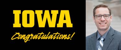 Block Iowa Logos and Congratulations in gold on black background next to Berg photo