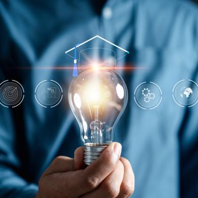 person holding a lightbulb with a graduation cap graphic above it, accompanied by research graphics on either side